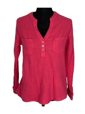 MOTE Women 1/4 Button Long Sleeve Pullover Gauze Top SZ S Pink Casual 52-19